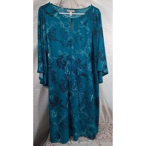 DANA BUCHMAN Teal Blue Green Paisley Floral 3/4 Bell Angel Sleeve Large Stretch